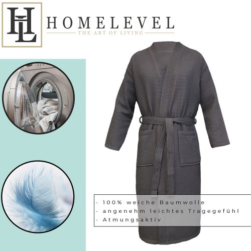 Unisex Waffle Pique Bathrobe Homelevel, 5XL, Γκρι, Οργανικό βαμβάκι, 54916.73.35