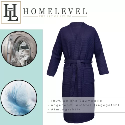 Unisex Waffle Pique Bathrobe Homelevel, M, Μπλε, Βιολογικό βαμβάκι, 54916.04.2
