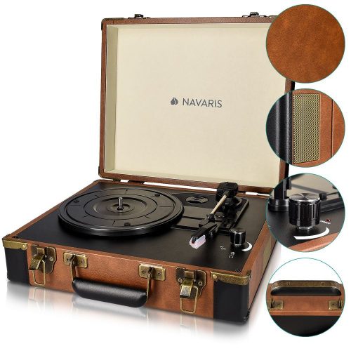 Pick-up Retro Case Navaris, γραμμόφωνο, ενσωματωμένα ηχεία, RCA, 3,5 mm, AUX, θύρα USB για PC, 3 ταχύτητες, 45272.01