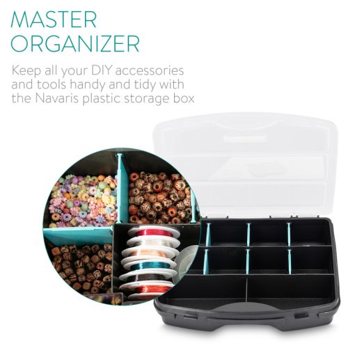 Organizator piese mici Navaris, 19x15x4 cm, separatoare reglabile, 4 cleme, transparent, plastic