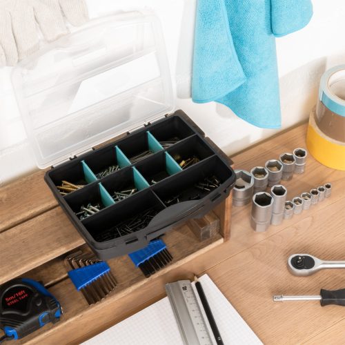 Organizator piese mici Navaris, 19x15x4 cm, separatoare reglabile, 4 cleme, transparent, plastic