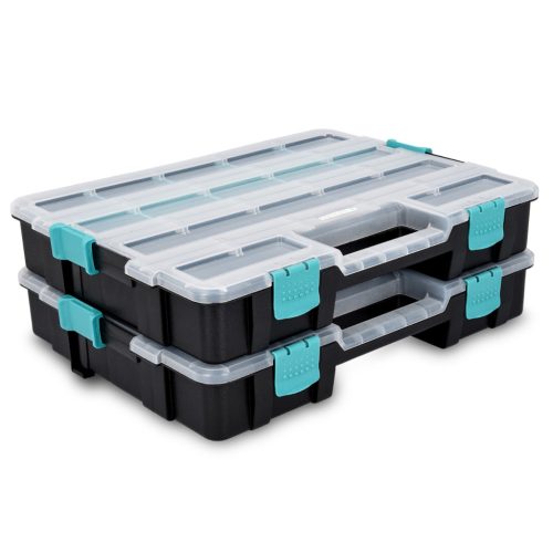 Set 2 organizatoare piese Navaris, 37.5x29x13.4 cm, separatoare reglabile, cleme, negru, plastic