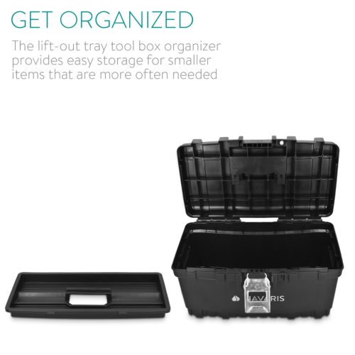 Cutie scule Navaris 16 inch, 40.6x23.8x22 cm, inchidere otel, tava detasabila, 19L, negru, otel