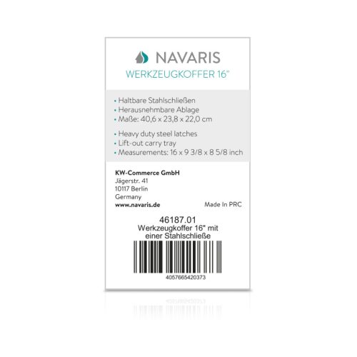 Cutie scule Navaris 16 inch, 40.6x23.8x22 cm, inchidere otel, tava detasabila, 19L, negru, otel