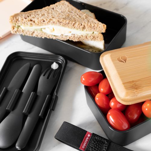 Σετ μεσημεριανό κουτί Bento Box 2x με μαχαιροπίρουνα και καπάκι από μπαμπού, 47407.01.01