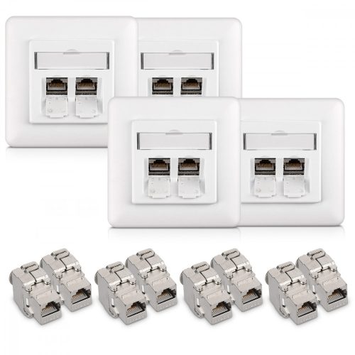 Σετ 4 διπλών πριζών δικτύου RJ45 10G με 8 βύσματα CAT 6A, Kwmobile, White, Metal, 45360.03