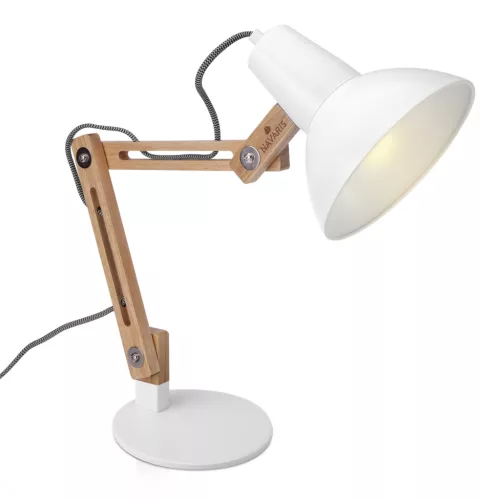 Lampa de masa Navaris, birou din lemn, 38 cm, design minimalist, alba, lumina ambientala, alb, lemn