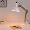 Lampa de masa Navaris, birou din lemn, 38 cm, design minimalist, alba, lumina ambientala, alb, lemn