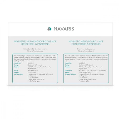 Μαγνητική σανίδα σε συνδυασμό με κιμωλία Navaris και φελλό, 60 x 40 cm, 50000.01