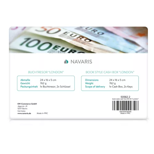 Seif tip carte Navaris, design Londra, 18.5x11.5x5.2 si 24x16x5 cm, 2 chei, albastru, otel