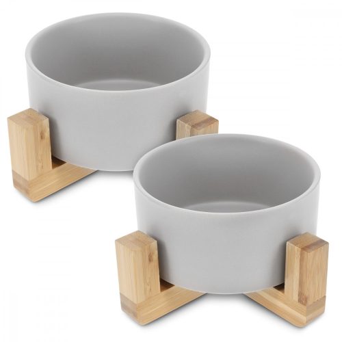 Σετ 2 μπολ για γάτες και σκύλους με στήριγμα μπαμπού Navaris, 550 ml, Γκρι, 48350.1.22