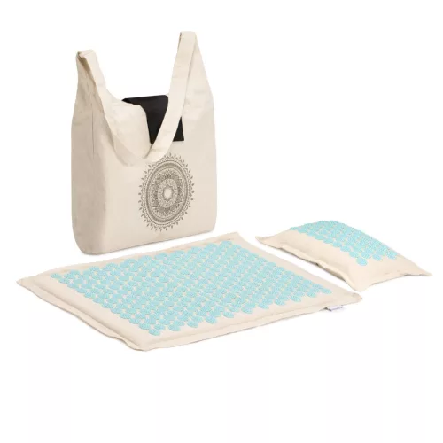 Set saltea si perna presopunctura Navaris, 71x43x3 cm, fibre naturale, bej/albastru, bumbac/plastic