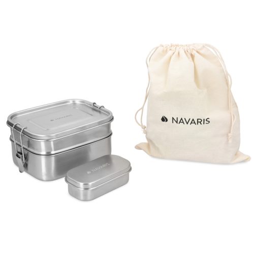 Cutie alimentara Navaris 2 in 1, din otel inoxidabil, 800+600 ml, cu saculet, argintiu, 50788.03