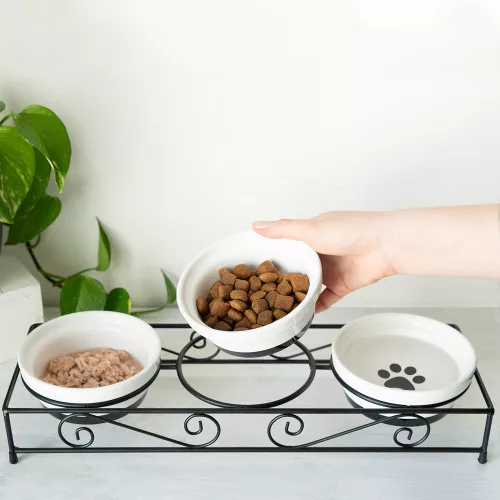 Σετ 3 κεραμικών μπολ Navaris για σκύλους και γάτες με μεταλλικό στήριγμα, 320 ml, 46947.2