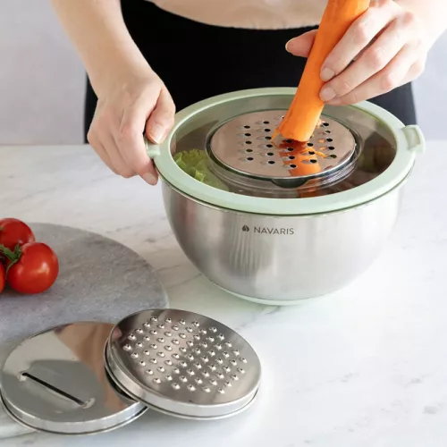 Σετ 2 πολυχρηστικά μεταλλικά μπολ με καπάκι Navaris, 20 εκ και 24 εκ, 3 τρίφτες, αντιολισθητικά, ανοξείδωτο ατσάλι, ασημί/πράσινο, 49210.02.71