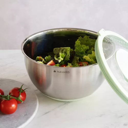 Σετ 2 πολυχρηστικά μεταλλικά μπολ με καπάκι Navaris, 20 εκ και 24 εκ, 3 τρίφτες, αντιολισθητικά, ανοξείδωτο ατσάλι, ασημί/πράσινο, 49210.02.71