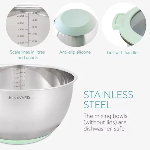 Σετ 2 πολυχρηστικά μεταλλικά μπολ με καπάκι Navaris, 20 εκ και 24 εκ, 3 τρίφτες, αντιολισθητικά, ανοξείδωτο ατσάλι, ασημί/πράσινο, 49210.02.71