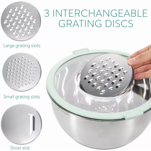 Σετ 2 πολυχρηστικά μεταλλικά μπολ με καπάκι Navaris, 20 εκ και 24 εκ, 3 τρίφτες, αντιολισθητικά, ανοξείδωτο ατσάλι, ασημί/πράσινο, 49210.02.71