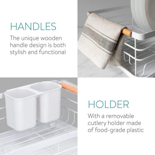 Στεγνωτήρας πιάτων Navaris, με δίσκο αποστράγγισης, ράφι για πιάτα, ποτήρια και μαχαιροπίρουνα, λευκός, 42,5x31,5x14 εκ., 52545.01