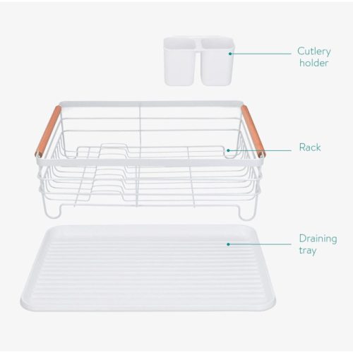 Στεγνωτήρας πιάτων Navaris, με δίσκο αποστράγγισης, ράφι για πιάτα, ποτήρια και μαχαιροπίρουνα, λευκός, 42,5x31,5x14 εκ., 52545.01