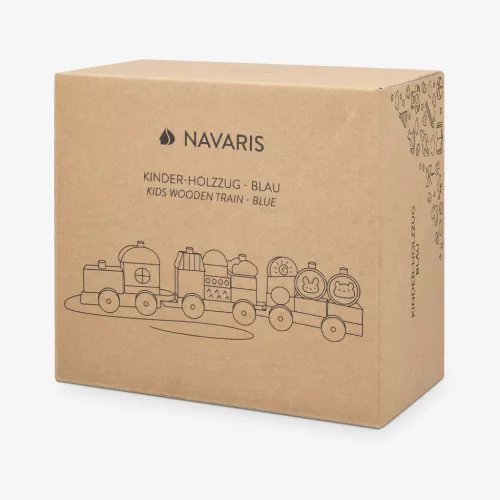 Trenulet din lemn Navaris, 20 piese, 3 vagoane, jucarie de tras si stivuit, albastru, lemn
