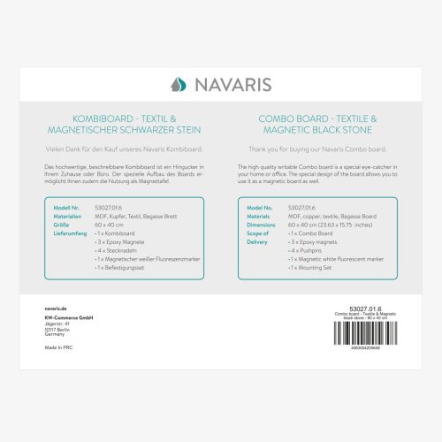 Tabla combinata Navaris, whiteboard magnetic si pinboard textil, 60x40 cm, accesorii, negru, textil/MDF