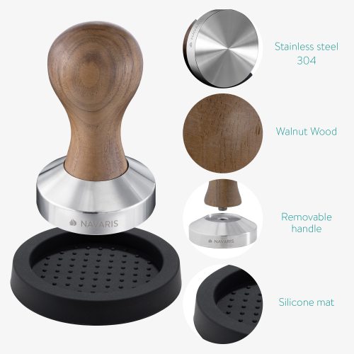 Σετ μπάρα και tamper από ανοξείδωτο χάλυβα με λαβή καρυδιάς Navaris, 51 mm, Covoras, 53238.01.02