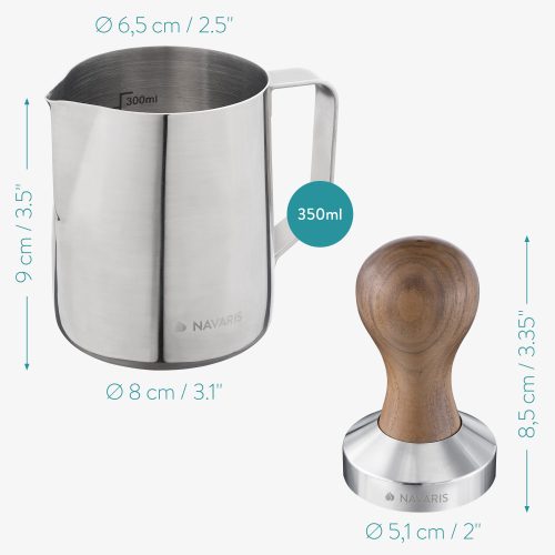 Σετ μπάρα και tamper από ανοξείδωτο χάλυβα με λαβή καρυδιάς Navaris, 51 mm, Covoras, 53238.01.02