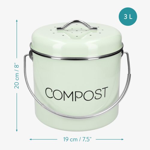 Cos de compost Navaris, 3 L, cu maner si 3 filtre carbon, pentru bucatarie, verde menta, verde, metal