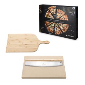   Set piatra de pizza Navaris, 30x38 cm, cu palet de bambus si cutit, pana la 800°C, 53326.01