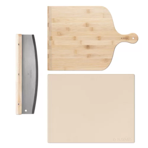 Set piatra de pizza Navaris, 30x38 cm, cu palet de bambus si cutit, pana la 800°C, 53326.01