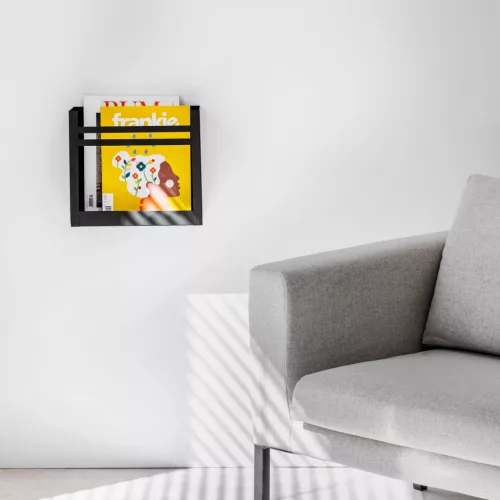 Suport reviste pe perete Navaris, 30x27x11 cm, capacitate 10 kg, negru, metal