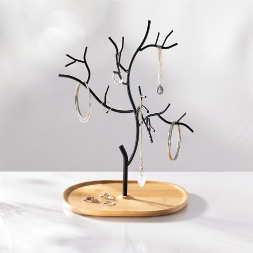 Suport bijuterii Navaris, arbore cu baza din bambus, 22x15.5x31 cm, organizare coliere, negru, bambus