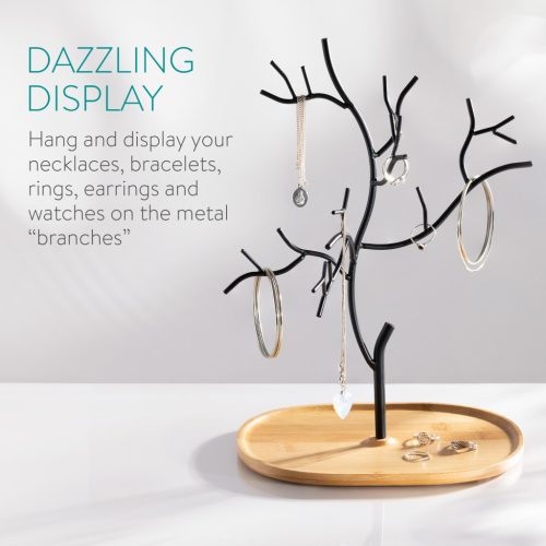 Suport bijuterii Navaris, arbore cu baza din bambus, 22x15.5x31 cm, organizare coliere, negru, bambus