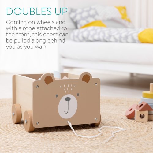 Cutie depozitare jucarii cu roti Navaris, model ursulet, 26.4x20x25.8 cm, maro, textil/plastic