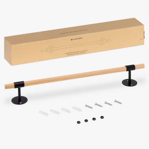 Suport prosop perete Navaris, 43.5x6.5x10 cm, montaj inclus, bambus si fier, maro/negru, bambus/fier