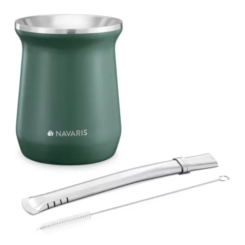 Cana Yerba Mate Navaris, 1 pai, 1 perie, 300 ml, inox, verde, 54274.01.07