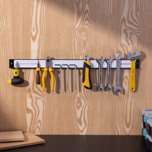 Set 2 suporturi magnetice unelte Navaris, 61 cm, adancime 4 cm, montaj perete, negru, metal