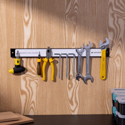 Set 2 suporturi magnetice scule Navaris, 45.7 cm, montaj perete, organizare atelier, negru, metal