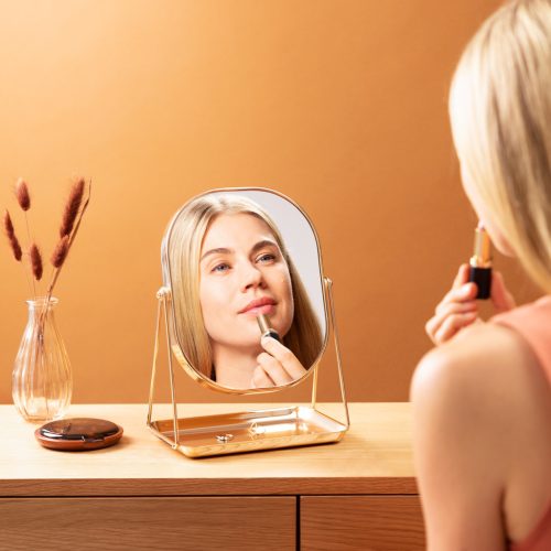 Oglinda cosmetica Navaris cu tava pentru bijuterii, 20.5x13.3x28 cm, roz/auriu, sticla/metal