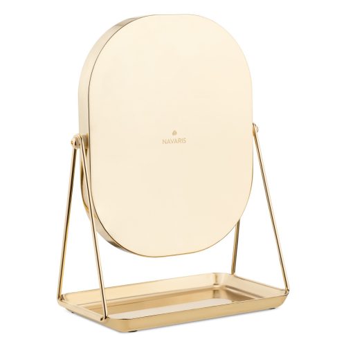 Oglinda cosmetica Navaris cu tava pentru bijuterii, 20.5x13.3x28 cm, roz/auriu, sticla/metal