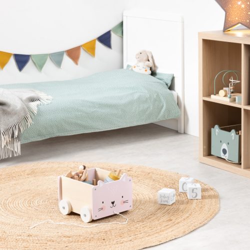 Cutie depozitare jucarii cu roti Navaris, model pisica, 25.5x24x20 cm, gri, textil/plastic