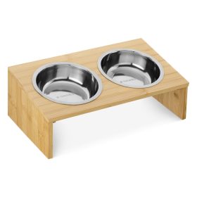   Σετ 2 μπολ για γάτες και σκύλους με στήριγμα μπαμπού Navaris, 400 ml, Καφέ, 54489.01