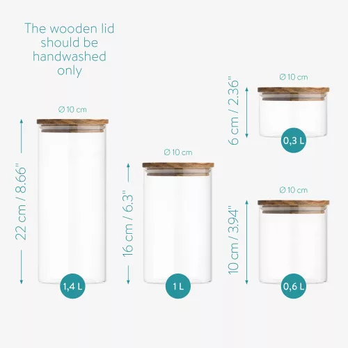 Σετ 4 βάζα αποθήκευσης Navaris με καπάκι, 1400ml, 1000ml, 600ml και 300ml, 54691.02.04