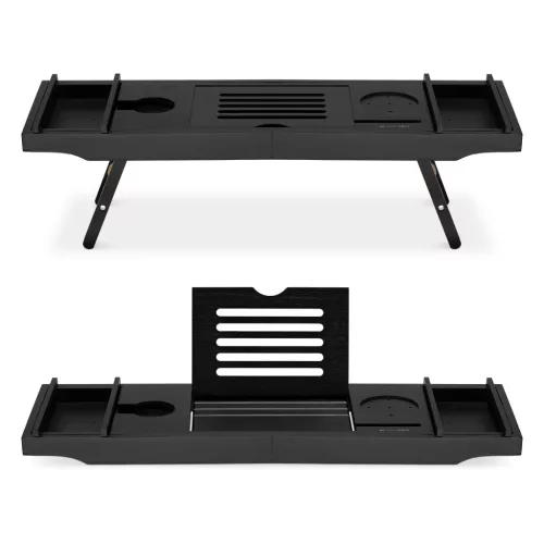 Suport baie extensibil Navaris, 75-108 cm, stand tableta si pahar, lemn de fag, negru, lemn