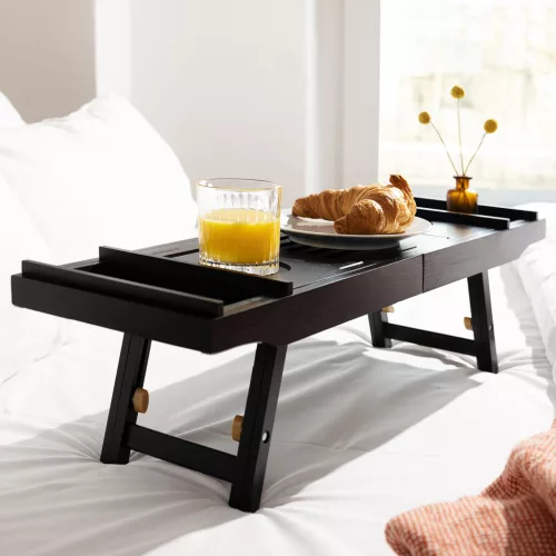 Suport baie extensibil Navaris, 75-108 cm, stand tableta si pahar, lemn de fag, negru, lemn