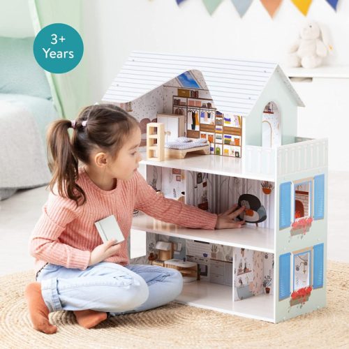 Ξύλινο σπίτι για κούκλες Navaris, 3 ορόφους, με έπιπλα και αξεσουάρ, 5 δωμάτια και μπαλκόνι, 69.5x62x27 εκ., 55376.01