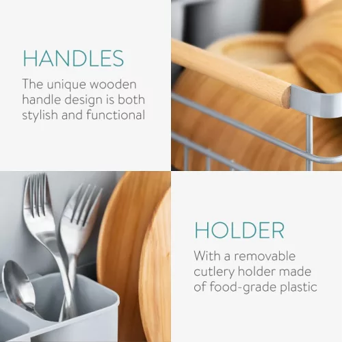 Στεγνωτήρας πιάτων Navaris, με δίσκο αποστράγγισης, με ράφι για πιάτα, ποτήρια και μαχαιροπίρουνα, γκρι, 42,5x31,5x14 εκ., 52545.03