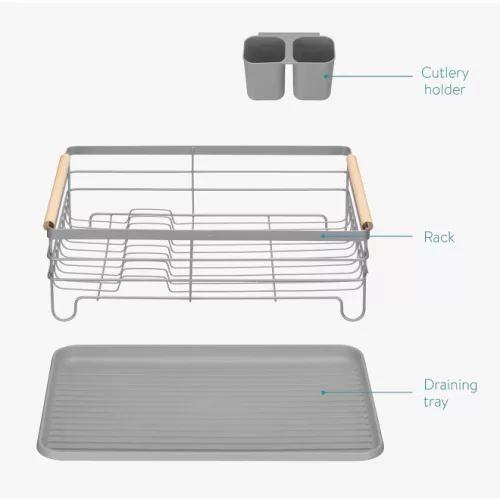 Στεγνωτήρας πιάτων Navaris, με δίσκο αποστράγγισης, με ράφι για πιάτα, ποτήρια και μαχαιροπίρουνα, γκρι, 42,5x31,5x14 εκ., 52545.03