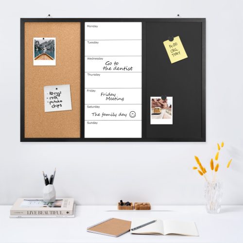 Tabla combinata Navaris, whiteboard magnetic, tabla de creta si pinboard, 90x60 cm, multicolor, plastic